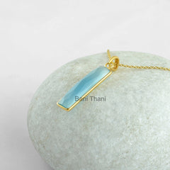 Bar Pendant, Bridal Necklace, Blue Chalcedony 7x30mm Gemstone Necklace, Gold Plated Sterling Silver Bezel Necklace, Christmas Gift Necklace