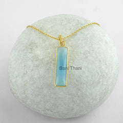 Bar Pendant, Bridal Necklace, Blue Chalcedony 7x30mm Gemstone Necklace, Gold Plated Sterling Silver Bezel Necklace, Christmas Gift Necklace