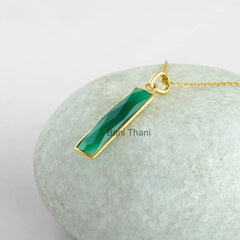 Handmade Bar Pendant, Bridal Necklace, Green Onyx 7x30mm Necklace, Micron Gold Plated Sterling Silver Bezel Necklace Jewelry