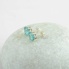 Aqua Quartz 10mm Round Prong Set Stud Earrings, Gold Plated Sterling Silver Earring, Gemstone Earring, Gift For Her, Christmas Gift Earrings