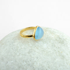 Beautiful Ring, Blue Chalcedony 11mm Trillion Gemstone Ring, 925 Sterling Silver Gold Plated Bezel Ring, Anniversary Gift Ring, Dainty Ring