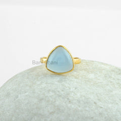 Beautiful Ring, Blue Chalcedony 11mm Trillion Gemstone Ring, 925 Sterling Silver Gold Plated Bezel Ring, Anniversary Gift Ring, Dainty Ring