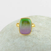 Tourmaline Bi Doublet Quartz Micron Gold Plated 925 Sterling Silver Ring, Rounded Rectangle 12x16mm Stone Ring