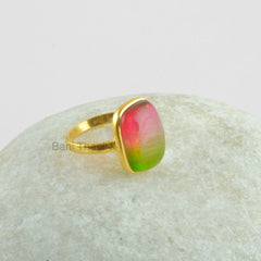 Tourmaline Bi Doublet Quartz Smooth Gemstone Ring - Gold Plated Bezel Ring - 925 Sterling Silver Ring, Rectangle Gemstone Ring - Gift for Her