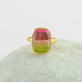 Tourmaline Bi Doublet Quartz Smooth Gemstone Ring - Gold Plated Bezel Ring - 925 Sterling Silver Ring, Rectangle Gemstone Ring - Gift for Her