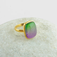 Tourmaline Bi Doublet Quartz Micron Gold Plated 925 Sterling Silver Ring, Rounded Rectangle 12x16mm Stone Ring