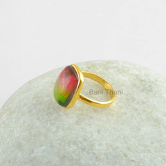 Tourmaline Bi Doublet Quartz Smooth Gemstone Ring - Gold Plated Bezel Ring - 925 Sterling Silver Ring, Rectangle Gemstone Ring - Gift for Her