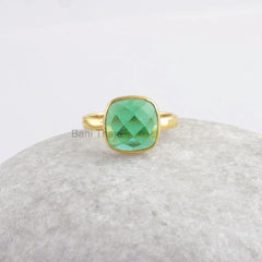 Fluorite Ring, Fluorite Quartz 10mm Cushion Gemstone Ring, Micron Gold Plated Crystal Ring For Women 925 Sterling Silver Green Quartz Ring
