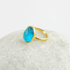 Crystal Quartz Ring, London Blue Quartz 10x14mm Oval Gemstone Ring, 18k Gold Plated Blue Ring, 925 Solid Silver London Blue Ring For Women