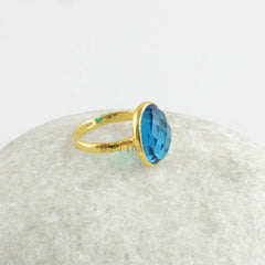 Crystal Quartz Ring, London Blue Quartz 10x14mm Oval Gemstone Ring, 18k Gold Plated Blue Ring, 925 Solid Silver London Blue Ring For Women