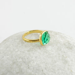 Fluorite Ring, Fluorite Quartz 10mm Cushion Gemstone Ring, Micron Gold Plated Crystal Ring For Women 925 Sterling Silver Green Quartz Ring