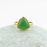 Chrysoprase Chalcedony Ring, Chrysoprase Chalcedony 12mm Trillion Smooth Gemstone Ring, Micron Gold Plated Silver Bezel Ring Jewelry