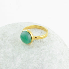 Chrysoprase Chalcedony Ring, Chrysoprase Chalcedony 10mm Round Smooth Ring, Micron Gold Plated Gemstone Ring, 925 Sterling Silver Ring