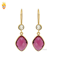 Pink Tourmaline Quartz and Crystal Quartz Sterling Silver Gold Plated Earrings