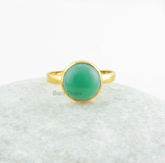 Chrysoprase Chalcedony Ring, Chrysoprase Chalcedony 10mm Round Smooth Ring, Micron Gold Plated Gemstone Ring, 925 Sterling Silver Ring