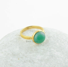Chrysoprase Chalcedony Ring, Chrysoprase Chalcedony 10mm Round Smooth Ring, Micron Gold Plated Gemstone Ring, 925 Sterling Silver Ring