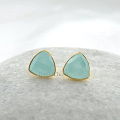 Aqua Chalcedony Studs - Gold Plated Studs - Solid Silver - 9mm Faceted Trillion - Personalized Jewelry - Jewelry For Summer - Gift For Wife