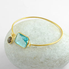 Stunning Aqua Quartz Gemstone Bangle - Smoky Charm 925 Sterling Silver Bangle - Gold Plated Bracelet - Christmas Gift Bangle - Gift for Her
