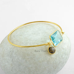 Stunning Aqua Quartz Gemstone Bangle - Smoky Charm 925 Sterling Silver Bangle - Gold Plated Bracelet - Christmas Gift Bangle - Gift for Her
