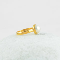 White Freshwater Pearl 8x8mm Round Micron Gold Plated 925 Sterling Silver Ring Jewelry, White Gemstone Ring For Women, Gift For Valentines