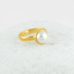 White Freshwater Pearl 8x8mm Round Micron Gold Plated 925 Sterling Silver Ring Jewelry, White Gemstone Ring For Women, Gift For Valentines