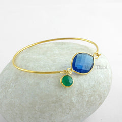 Blue Sapphire Quartz Marquise 15x20mm With Green Onyx Charm Round 8x8mm Micron Gold Plated 925 Sterling Silver Bangle Gift