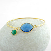 Blue Sapphire Quartz Marquise 15x20mm With Green Onyx Charm Round 8x8mm Micron Gold Plated 925 Sterling Silver Bangle Gift