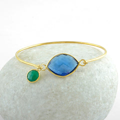 Blue Sapphire Quartz Marquise 15x20mm With Green Onyx Charm Round 8x8mm Micron Gold Plated 925 Sterling Silver Bangle Gift