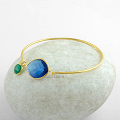 Blue Sapphire Quartz Marquise 15x20mm With Green Onyx Charm Round 8x8mm Micron Gold Plated 925 Sterling Silver Bangle Gift
