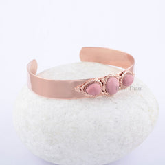 Pink Opal Sterling Silver Rose Gold Cuff Bangle, Three Stone Cuff Bangle, Adjustable Bracelet 925 Sterling Silver Rose Gold Jewelry