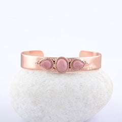 Pink Opal Sterling Silver Rose Gold Cuff Bangle, Three Stone Cuff Bangle, Adjustable Bracelet 925 Sterling Silver Rose Gold Jewelry
