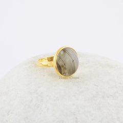 Elegant Labradorite Round Gemstone Ring - 925 Sterling Silver 18k Gold Plated Ring - Engagement Ring for Bride - Gift Her - Statement Ring