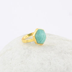 Natural Amazonite 12x12 mm Hexagon Cabochon Gemstone Ring, 925 Sterling Silver Yellow Gold Plated Ring, Solitaire Ring, Engagement Gift Ring