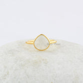 White Rainbow moonstone Faceted Pear shape Ring - Gemstone Pear Ring - Micron Gold Plated 925 Sterling Silver Bezel Ring Jewelry For Womens