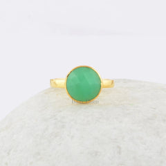 Sterling Silver Chrysoprase Gemstone Ring, Chrysoprase Chalcedony 10mm Round Ring, Gold Plated Bezel Ring, Gift For Her, Solitaire Gift Ring