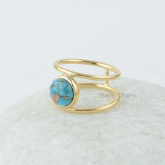 Blue Turquoise Ring - Gemstone Silver Ring - 8mm Round Gemstone Ring - Double Band - Solid Silver Jewelry - Jewelry for Mom - Gift for Women