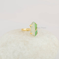 Fused Green Turquoise Ring - Prong Set Gold Plated Ring - Prehnite Hexagon Gemstone Ring - Gift for Her - 925 Silver Ring - Cocktail Ring