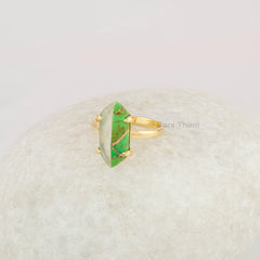 Fused Green Turquoise Ring - Prong Set Gold Plated Ring - Prehnite Hexagon Gemstone Ring - Gift for Her - 925 Silver Ring - Cocktail Ring