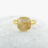 Golden Rutile Gemstone Silver Ring - 925 Sterling Silver Cushion Ring - Gold Plated Handcrafted Ring - Gift for Bridesmaids - Gift for Her