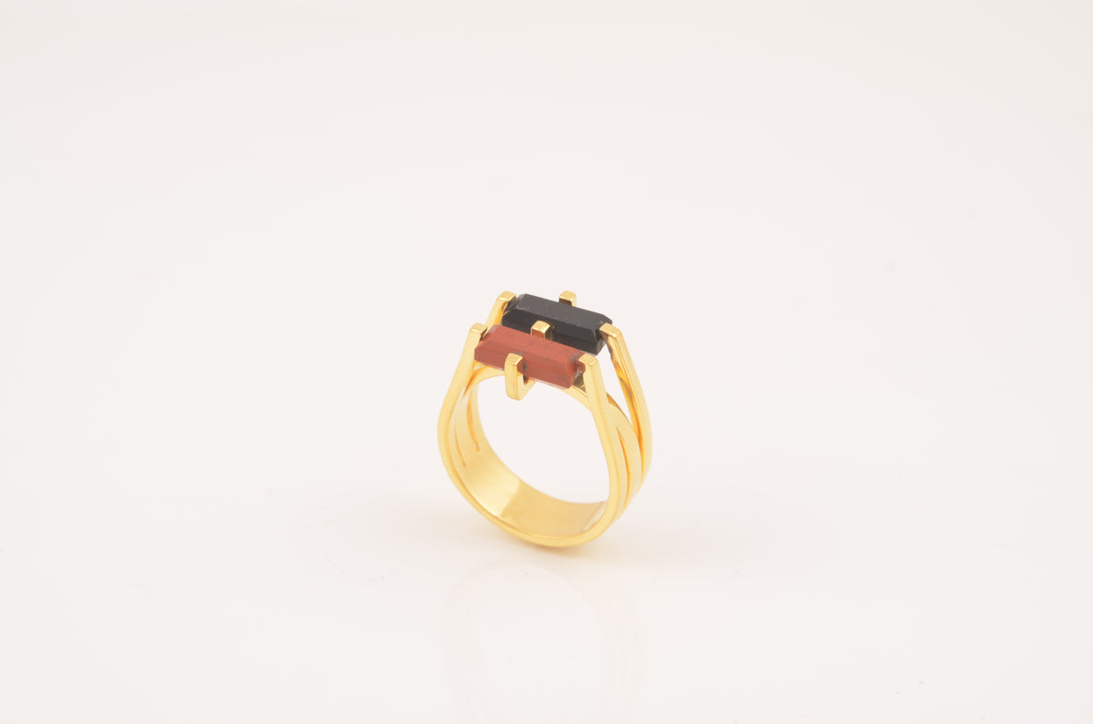 Black Red Gemstone Silver Ring, 925 Sterling Silver Ring, 18k Gold Plated Ring, Multi Stone Unique Ring