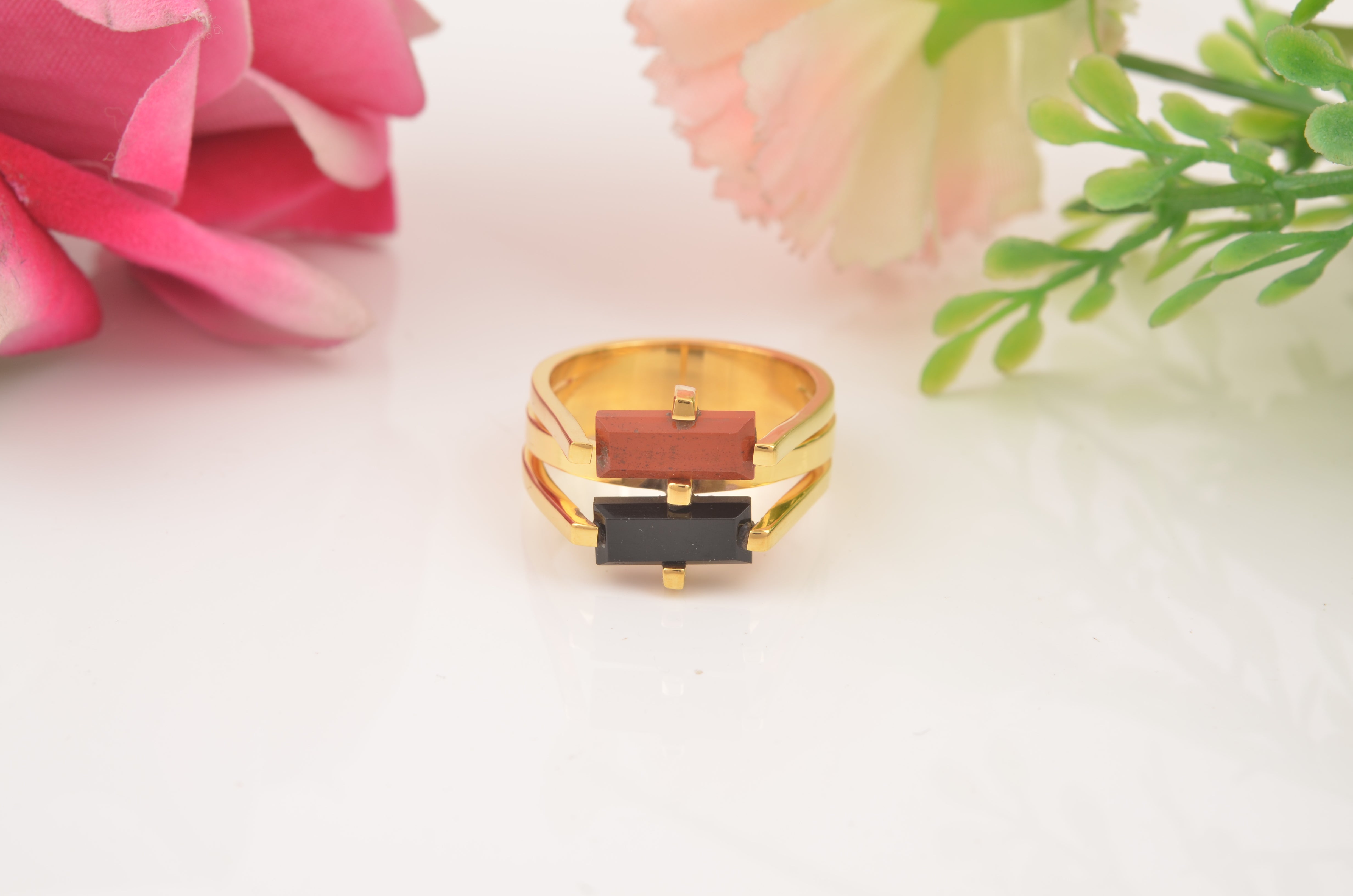 Black Red Gemstone Silver Ring, 925 Sterling Silver Ring, 18k Gold Plated Ring, Multi Stone Unique Ring