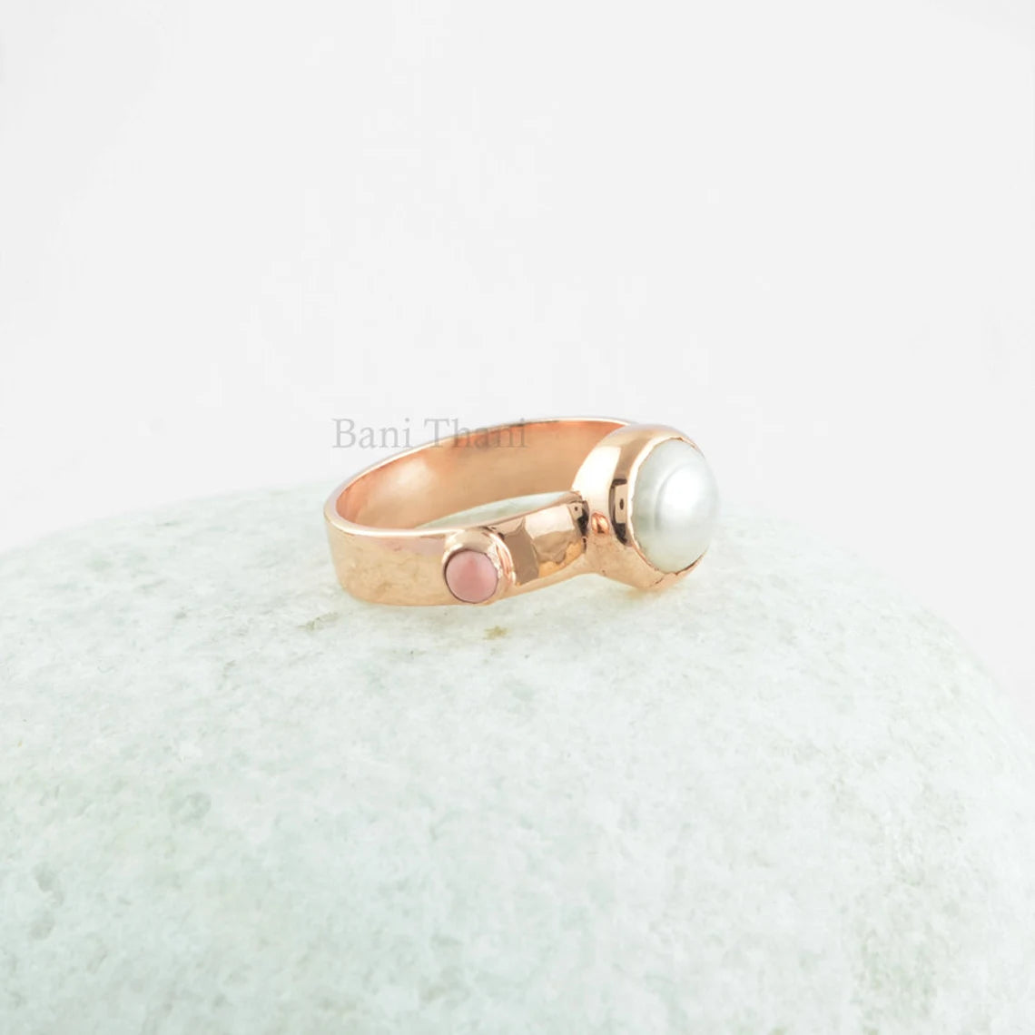 Amazing Two Stone Rose Gold 925 Sterling Silver Ring, Fresh Water Pearl 8mm Round and Pink Opal Tiny Round Gemstone Ring,Christmas Gift Ring