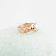 Amazing Two Stone Rose Gold 925 Sterling Silver Ring, Fresh Water Pearl 8mm Round and Pink Opal Tiny Round Gemstone Ring,Christmas Gift Ring