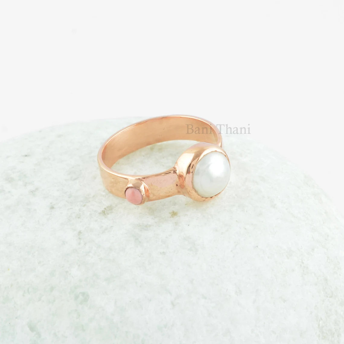 Amazing Two Stone Rose Gold 925 Sterling Silver Ring, Fresh Water Pearl 8mm Round and Pink Opal Tiny Round Gemstone Ring,Christmas Gift Ring