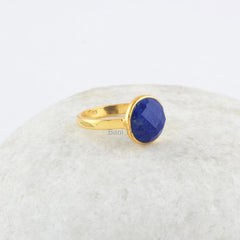 925 Sterling Silver Ring - Lapis Lazuli Ring - 10mm Round Gemstone Ring - Gold Plated Ring - Bezel Ring - Gift for Women - Handmade Jewelry