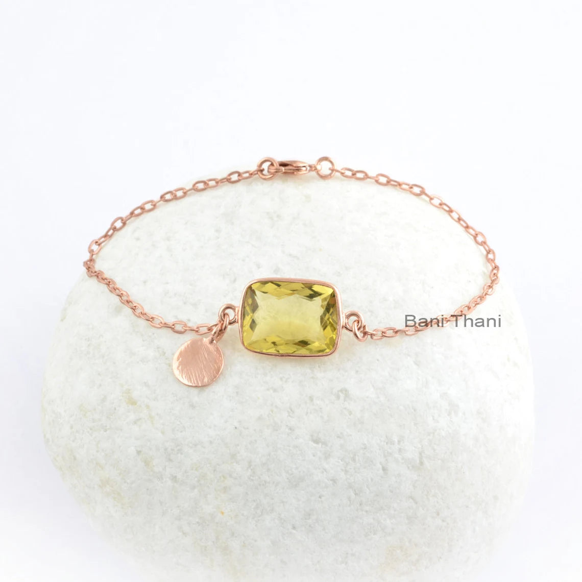 Lemon Quartz 12x16mm Rectangle Gemstone Bracelet, Rose Gold Plated Sterling Silver Chain Bracelet, Valentine's Gift For Her, Christmas Gift