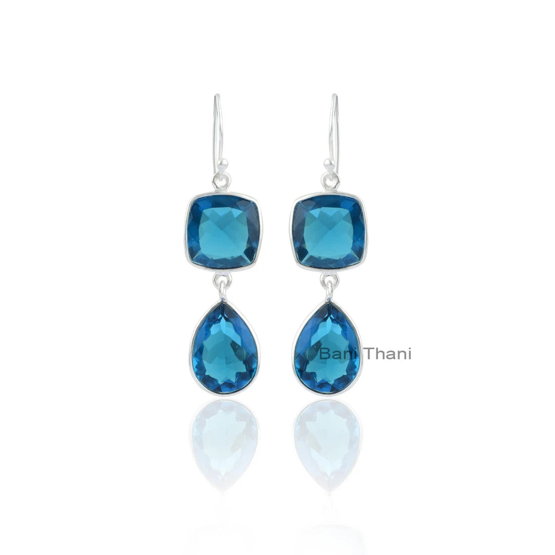 Swiss London Blue Quartz 14x14mm Cushion and 16x22mm Pear Gemstone Earring-925 Sterling Silver Drop Earring-Bridesmaid Earrings-Gift Earring