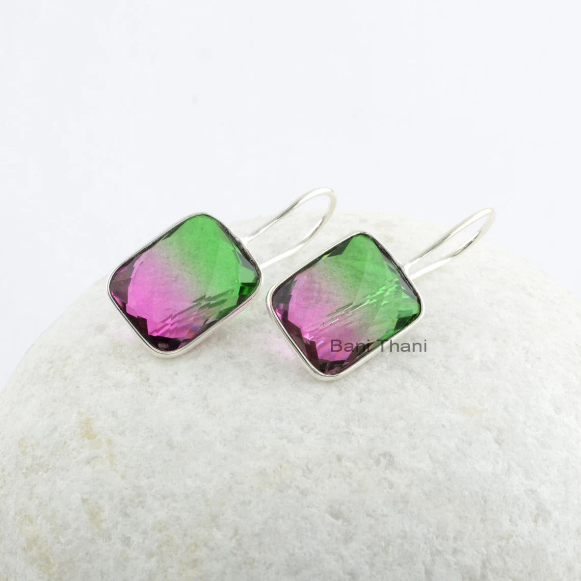 Tourmaline Bi Doublet Quartz 12x16mm Cushion Gemstone Drop Earrings-Sterling Silver Dangle Earrings