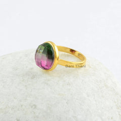 Tourmaline Bi Doublet-Round 12x12 mm Bezel Ring-Gold Plated Sterling Silver Gemstone Ring-Tourmaline Ring for Valentine's day