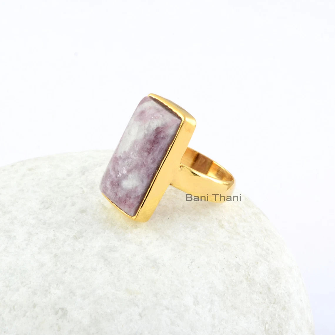 Lepidolite 11x20mm Rectangle Gemstone Ring, Sterling Silver Gold Plated Bezel Set Ring, Engagement Ring, Handmade Ring Jewelry, Cocktail Ring, Boho Ring